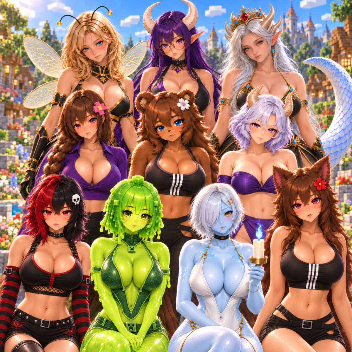 Jenny Mod characters including Jenny, Ellie, Bia, Slime, Luna, Galath, Allie, Manglelie, Bee and Kobold for PE Bedrock and Java Edition